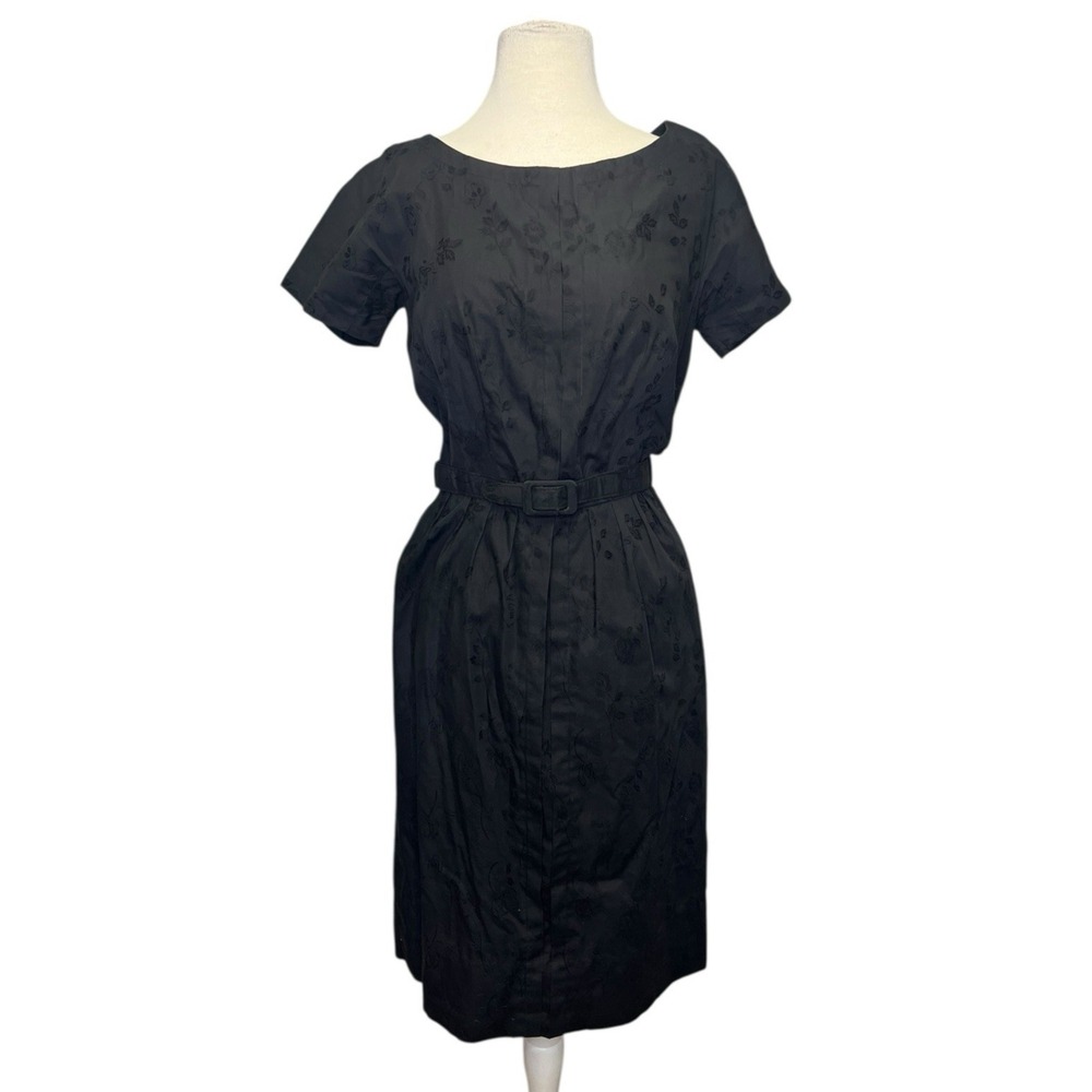 Vtg 50s Rockabilly Nelly‎ Don Black Belted Sheath Dress sz 14 Jacquard Floral
